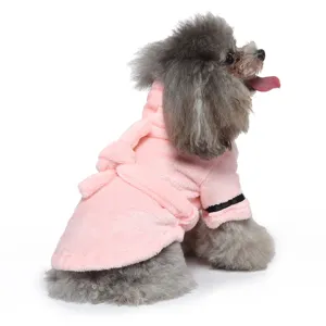 Close-up of soft pink fleece pet bathrobe showing the back tie and plush material texture
