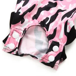 Close-up detail of pink camouflage pet surgery recovery suit with white snap buttons.