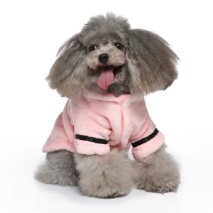 Close-up of soft pink fleece pet bathrobe with black stripes for small dogs