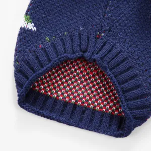 Vue détaillée d'un pull en tricot chaud pour animal de compagnie avec motif festif et col roulé.