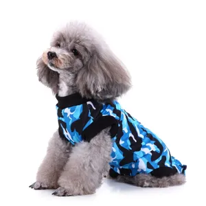 Detailed shot of breathable blue camo pet surgical recovery suit with black trim.