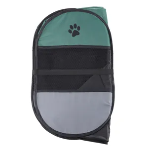 Foldable pet playpen detail view, showing compact folded structure with green and gray design.