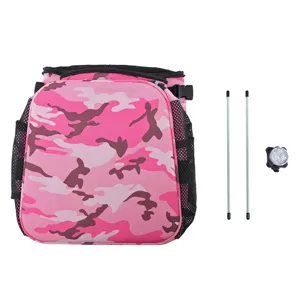 Vista dettagliata della borsa da bici per animali mimetica rosa con pali e luce led