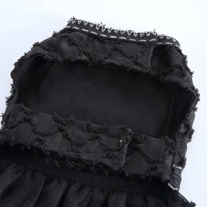 Vue détaillée d'une robe pour chien noire avec bordure argentée et jupe en tulle.