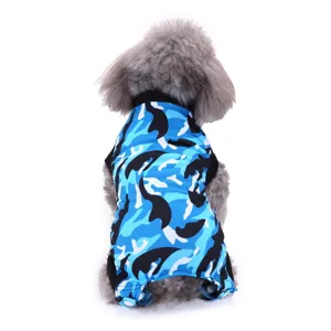 Pet surgical recovery suit in blue camo pattern, comfortable full body cover dog nursing jumpsuit.