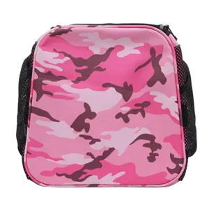 Dettaglio frontale borsa trasportino mimetica rosa con tasche esterne in rete nera