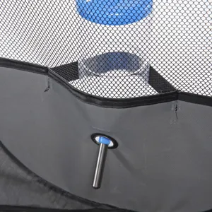Pet tent water dispenser detail view, showing stainless steel nozzle and mesh pocket holder.