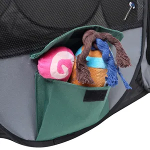 Detailed view of foldable pet tent side pocket with cute plush toys for puppy dog outdoor camping.