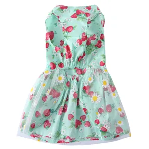 Jolie robe d'été pour animal de compagnie en vert frais avec imprimé fraise et tulle léger.