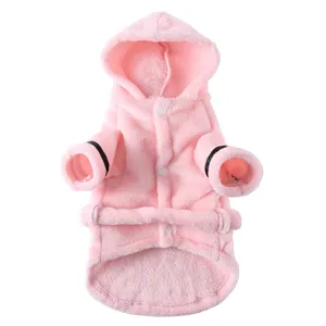 Soft pink plush pet bathrobe with hood and snap buttons, ideal for small dogs or cats.