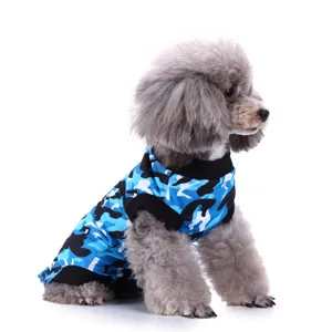 Blue camouflage pet surgery suit for dogs, soft breathable recovery wear for post-op care.
