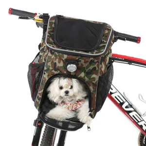 Trasportino per animali mimetico per bicicletta montato sul manubrio con cane