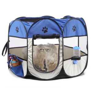 Foldable octagonal pet playpen with breathable mesh, portable dog tent for indoor outdoor use.