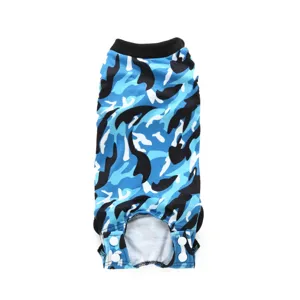 Blue camouflage pet surgical suit detail showing snap buttons and fabric for dogs.