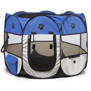 Foldable octagonal pet tent with breathable mesh windows, zipper door and cute paw prints.