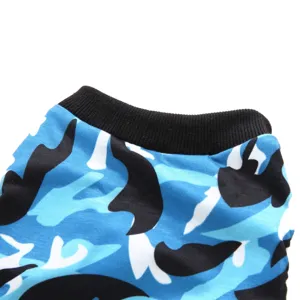 Pet surgery suit detail close-up showing blue camo fabric and a black ribbed collar design.