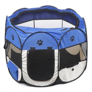 Foldable octagonal pet playpen tent, blue white mesh design for dogs cats outdoor use.