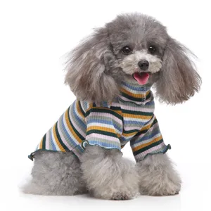 Nahaufnahme Detail des bunten gestreiften Hundepullovers, weiche Strickstruktur Herbst.