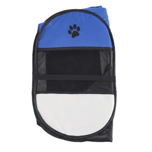 Foldable pet playpen and tent detail view, portable mesh delivery room for dogs and cats outdoors.