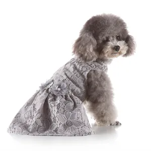 Detailed view of grey lace dog dress with beautiful floral decor for summer pet wear.
