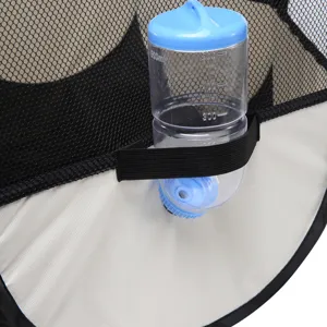 Pet tent water dispenser attachment detail view, 500ml capacity bottle for mesh pet playpen.