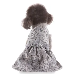 Grey lace dog summer dress with floral waist decoration, elegant pet apparel back view detail.