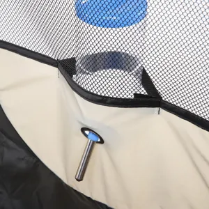 Pet playpen hanging water dispenser detail, durable mesh and metal nozzle for easy use.