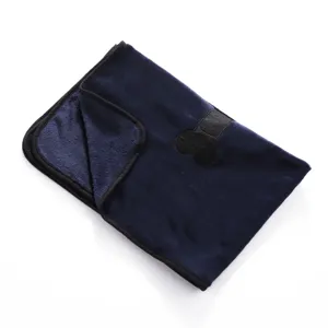 Soft double-sided fleece pet blanket, dark blue dog and cat mat with stylish black binding.