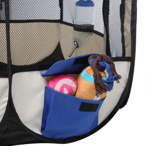 Foldable pet playpen tent detail view with convenient storage pocket and cute toys inside.