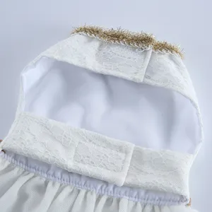 Détail de robe de chien en dentelle blanche avec bordure dorée, style princesse.