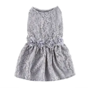 Grey lace pet dog dress detail showcasing delicate floral fabric and pearl waist accent.