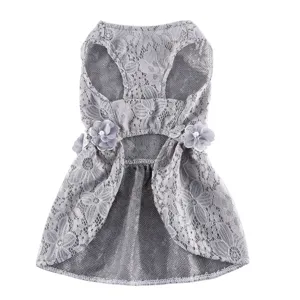 Grey lace pet dress with floral pearl decor, elegant sleeveless puppy clothes for summer.