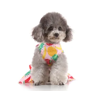Cute fruit print dog summer dress detail view, soft pink pet apparel for small dogs.
