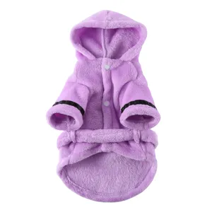 Detail view of a soft purple plush pet bathrobe with cozy hood and waist belt