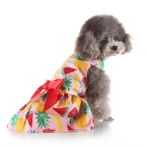 Cute summer dog dress with colorful fruit print and red bow, breathable pet clothes for small dogs.