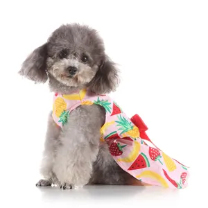 Cute dog summer dress with fruit print and red bow, breathable pet clothes for daily wear
