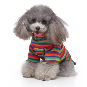 Bunter Regenbogen Hundepullover mit hohem Stehkragen, bequeme Haustierkleidung für Hunde.