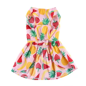 Detail shot of the cute pet dog summer dress featuring vibrant fruit print patterns.