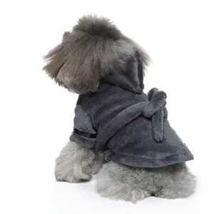 Comfortable charcoal grey hooded pet bathrobe with waist tie for dogs and cats after bath.
