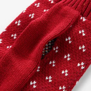 Gros plan sur les details du pull tricoté rouge pour animal avec col douillet et design d'hiver.