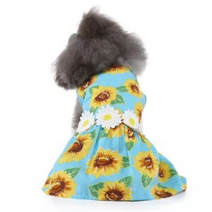 Jolie robe d'été pour chien à motif tournesol, jupe pour animal de compagnie respirante et bleue.