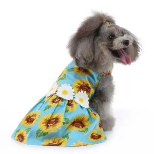 Jolie robe d'été pour chien à imprimé tournesol, jupe mignonne avec bordure en dentelle.