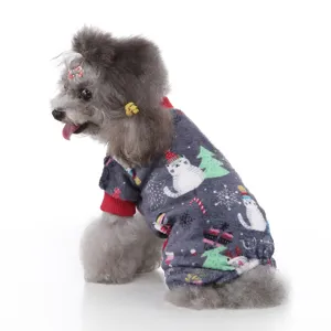 Cute Christmas dog fleece jumpsuit with adorable cat and snowflake patterns for small pets.