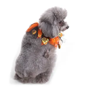 Detail view of a Halloween pet collar featuring orange mesh and pumpkin sequins on a poodle.