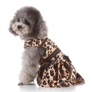 Leopard print dog dress for summer season, pet apparel detail view, cute puppy clothes.