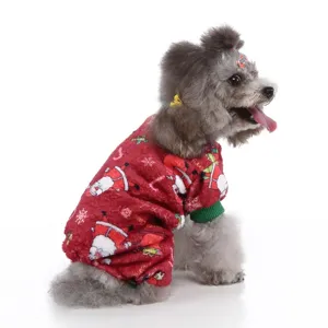 Christmas pet dog fleece jumpsuit warm four-leg winter clothes red Santa print costume