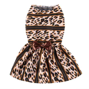 Leopard print pet dog dress with brown bow, cute summer puppy apparel and comfortable pet skirt.