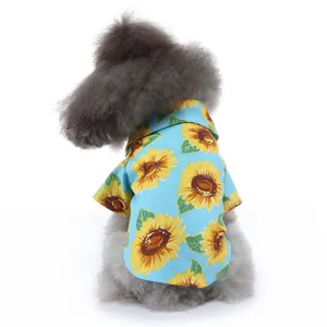 Nahaufnahme kleiner Hund im hellblauen Sommerhemd mit lebhaftem Sonnenblumenmuster