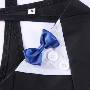 Gedetailleerd overzicht van het formele hondenpak met een blauwe vlinderdas en witte kraag.