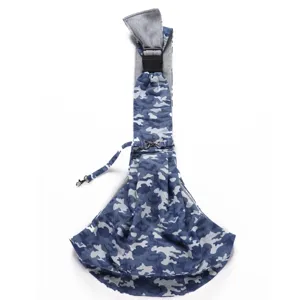 Blue camouflage pet sling detail, breathable fabric with adjustable buckle and secure hook.